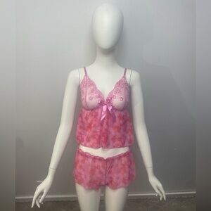 Rare Talla Lingerie Mesh Camisole Shorts Size Small Pink Lace Ribbon Floral